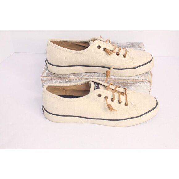 Sperry Woven Canvas Cushioned Slip On Boat Shoes Women's 10 M Cream Blue Lace UP - Picture 5 of 9